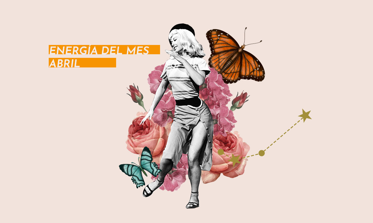 Chica bailando alegre rodeada de mariposas y flores