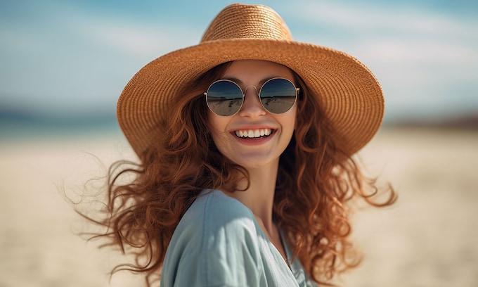 mujer con sombrero y gafas de sol