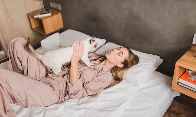 Mujer en la cama con un gato