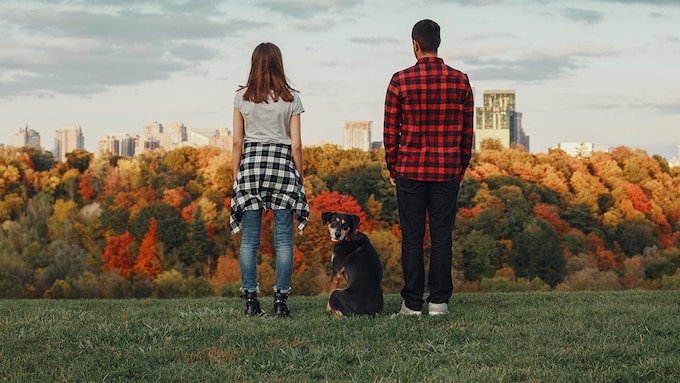 pareja mirando al horizonte con un perro