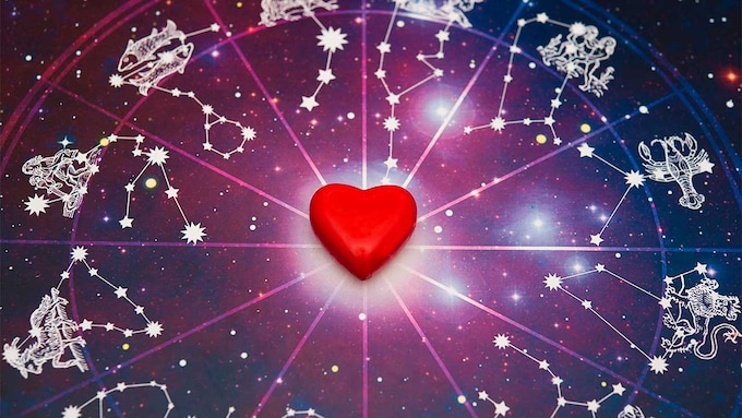 Signos del zodíaco con horóscopo y constelación de estrellas y con corazón rojo en el centro