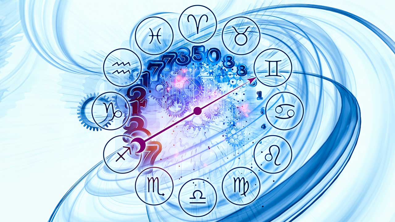 Símbolos de los signos del horóscopo y representación de números sobre un fondo de color azul