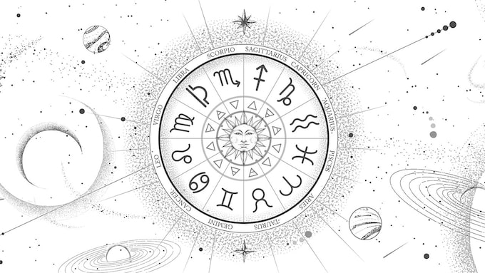 Rueda de astrología con signos del zodíaco en el fondo del espacio exterior. Mapa estelar.
