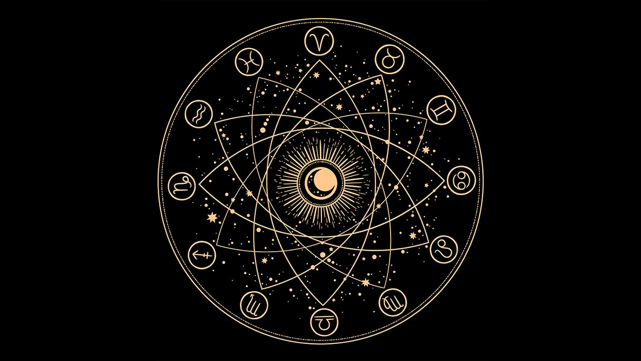 Composición esotérica de formas geométricas y signos del zodíaco.
