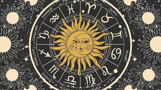 Ilustración de astrología con signos de sol, luna y zodíaco