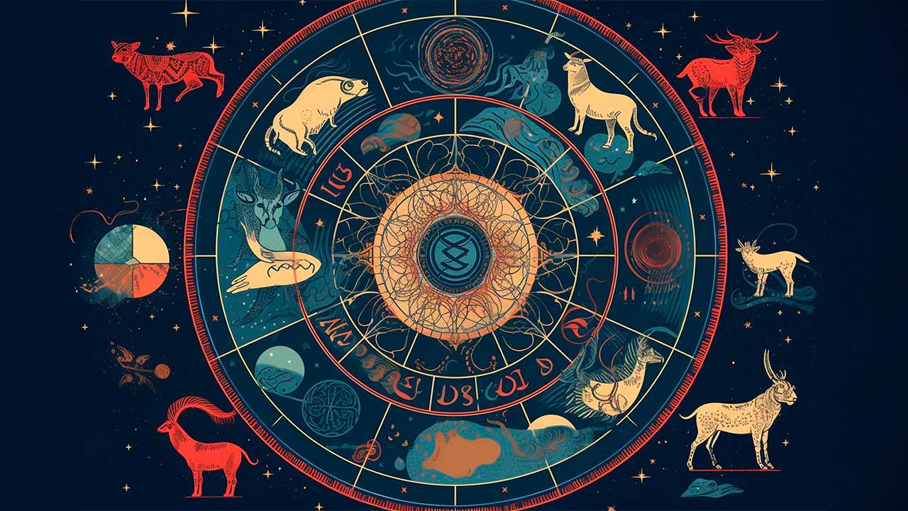 Rueda con los signos del Zodiaco y sus respectivos símbolos