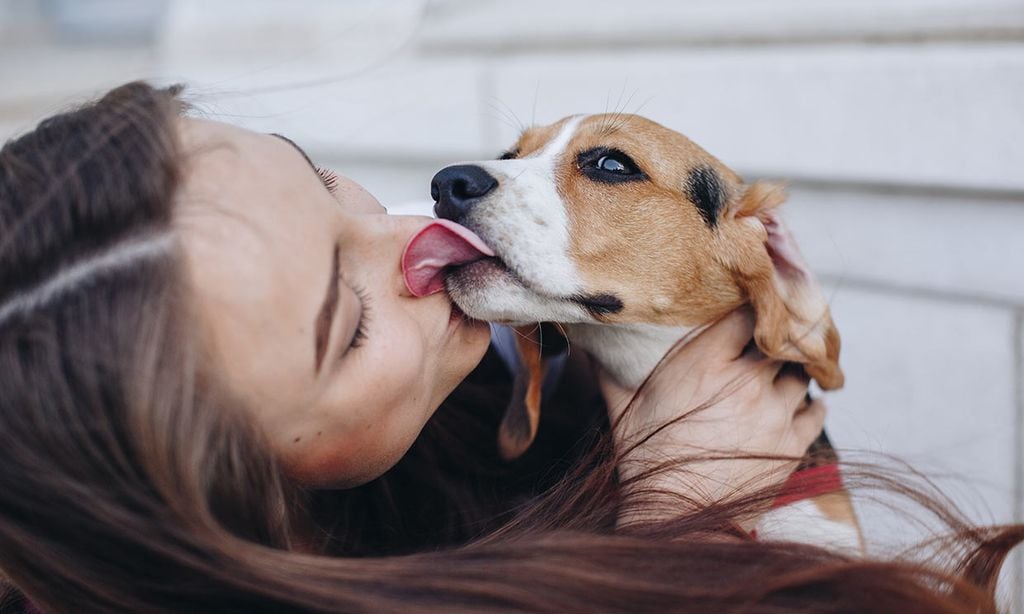 Un perro lamiendo la comisura de los labios de su dueña.