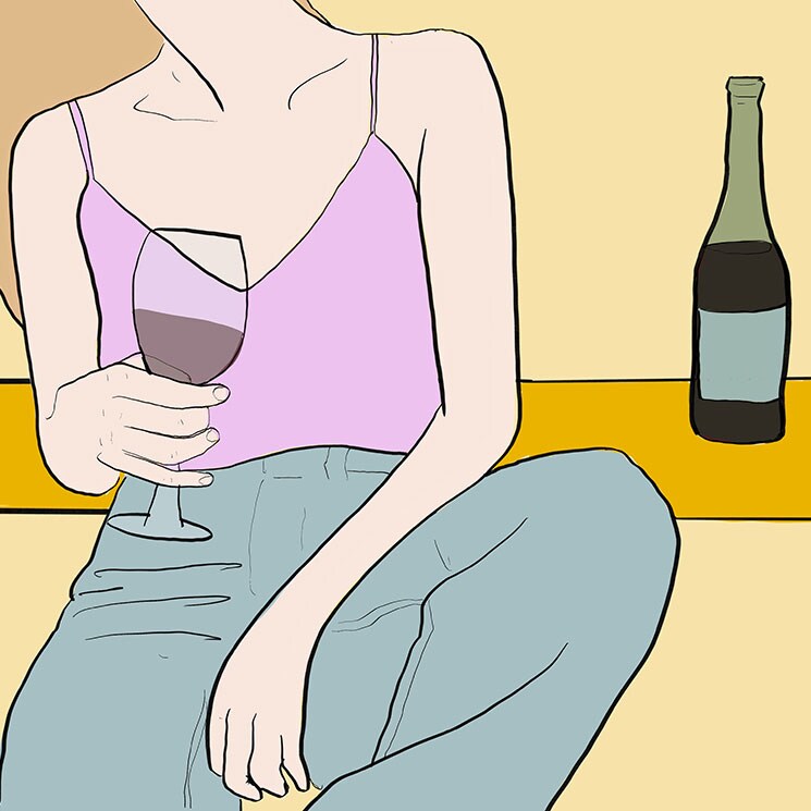 Ilustración chica bebiendo vino