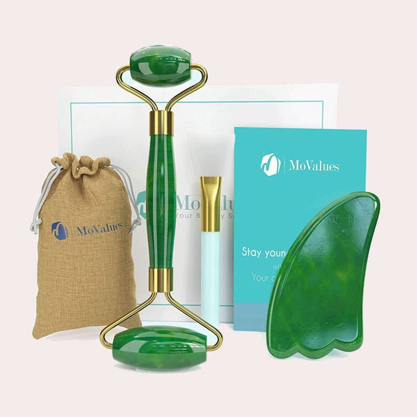 Pack masajeador facial rodillo de jade y piedra Gua-Sha