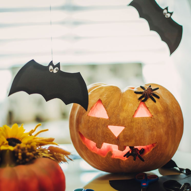 Decoración para Halloween con calabazas, murciélagos y arañas