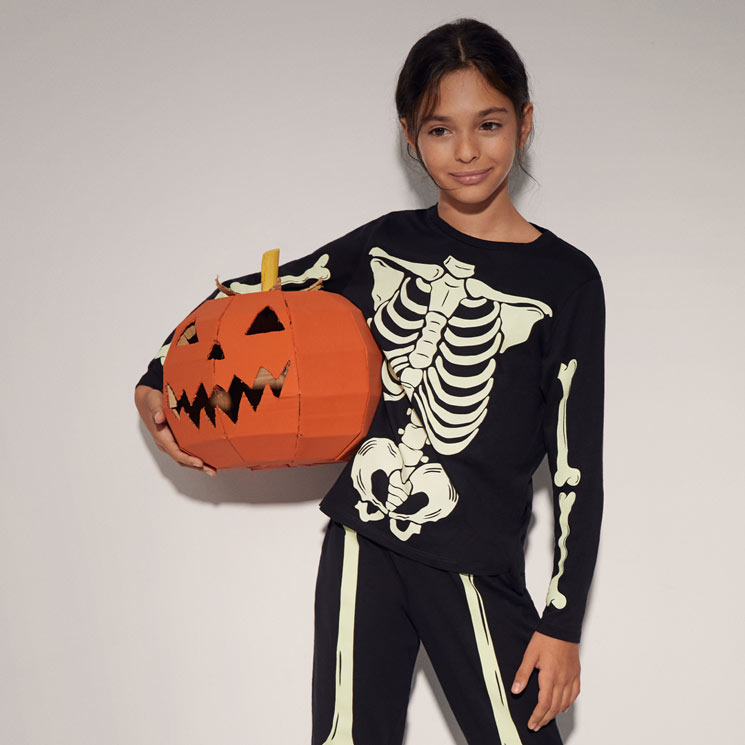 Camiseta de Manga Larga para niños Divertido para Usar en Halloween Esqueleto con Cabeza de Calabaza