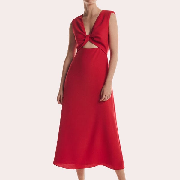 Marea Vestido midi crepe rojo con detalle nudo