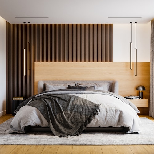 Dormitorio en tonos marrones y grises