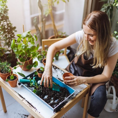Mujer cultivando sus propias planta