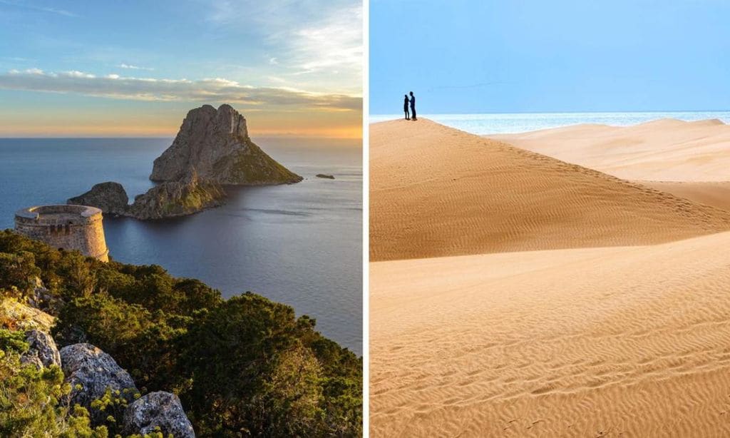 Izquierda, torre des Savinar e islote de Es Vedrà en Ibiza; derecha, dunas de Maspalomas en Gran Canaria