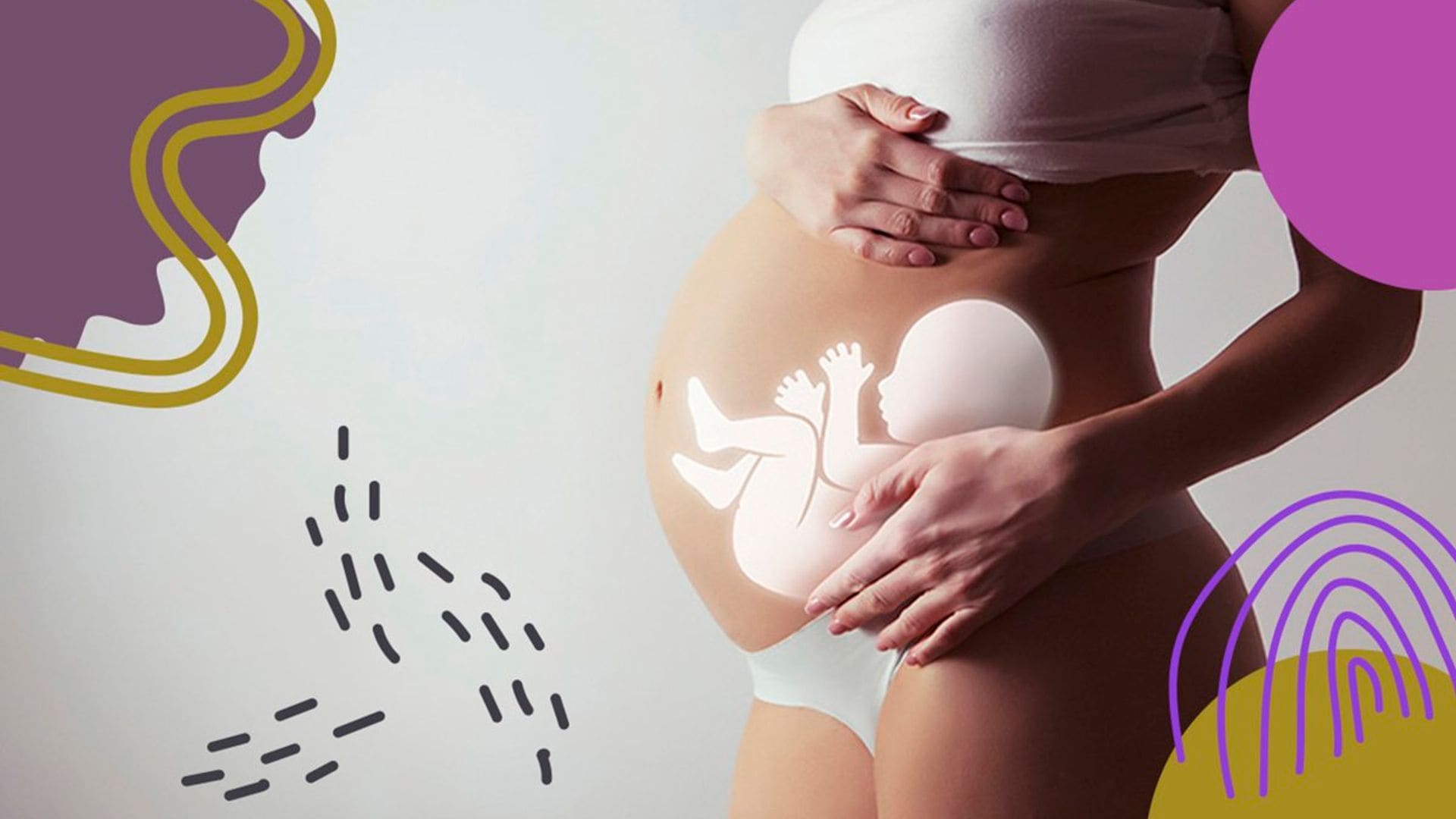 Mujer embarazada con silueta de bebé en la barriga.