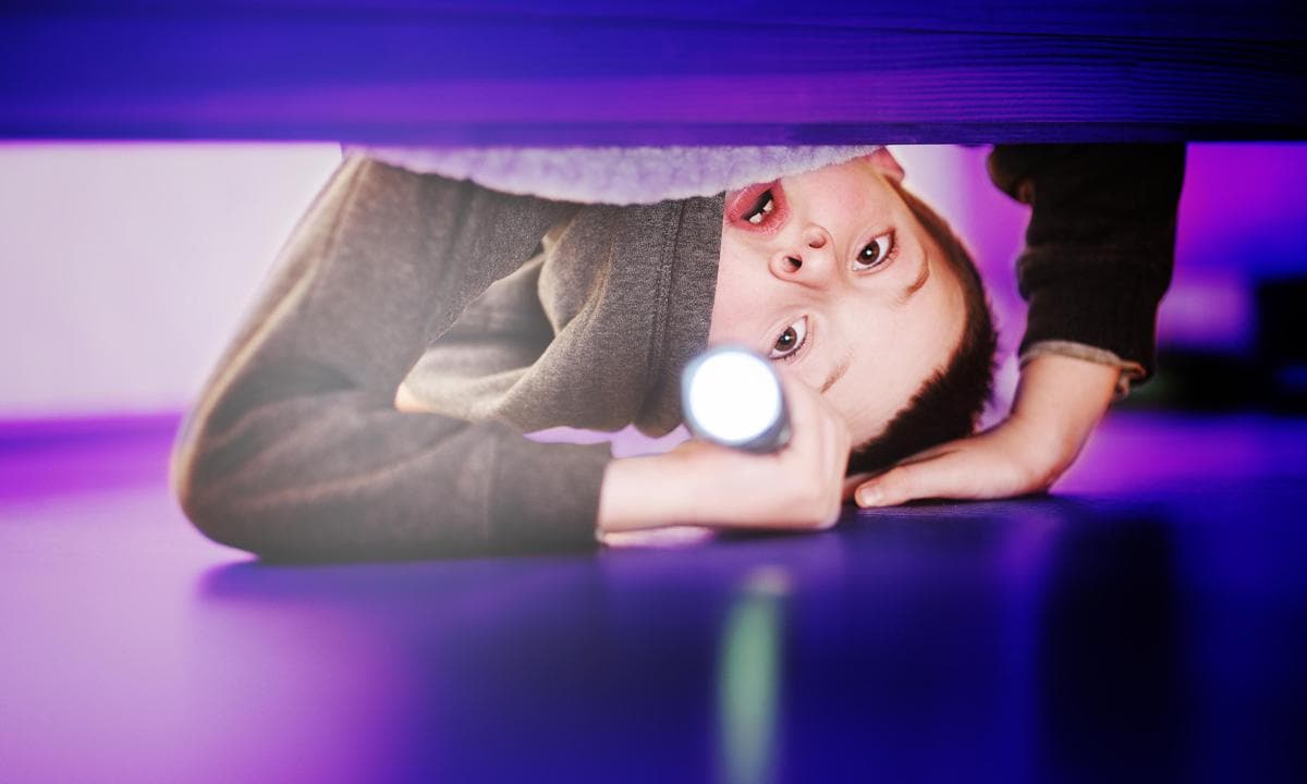 Niño asustado mirando debajo de su cama con linterna