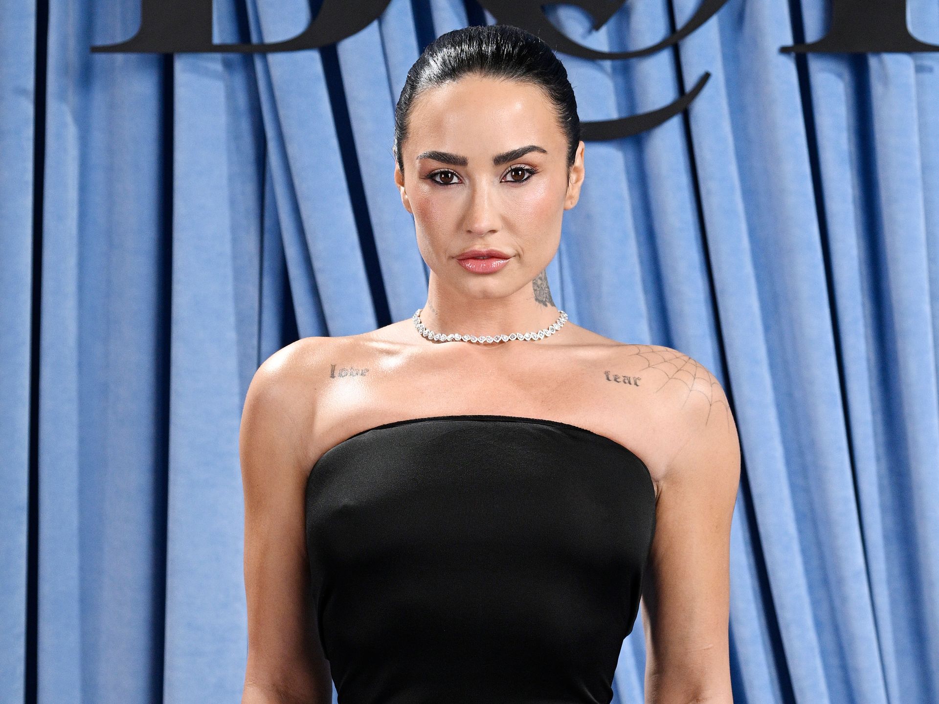 princess polly baby blue dress Demi Lovato, American singer, hoot, black luxury dress, tattoos, Allure, HD  wallpaper