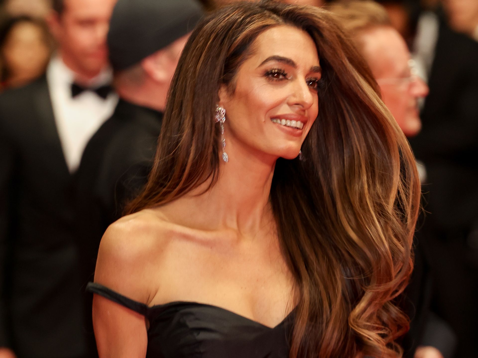 Amal Clooney posed in gold corset dress with Karlie Kloss during special event Amal Clooney posed in gold corset dress with Karlie Kloss during special event