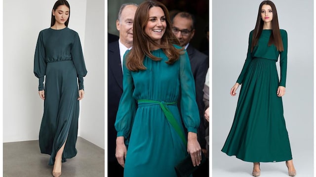 Kte Middleton con vestido largo teal y propuestas similares en tendencia