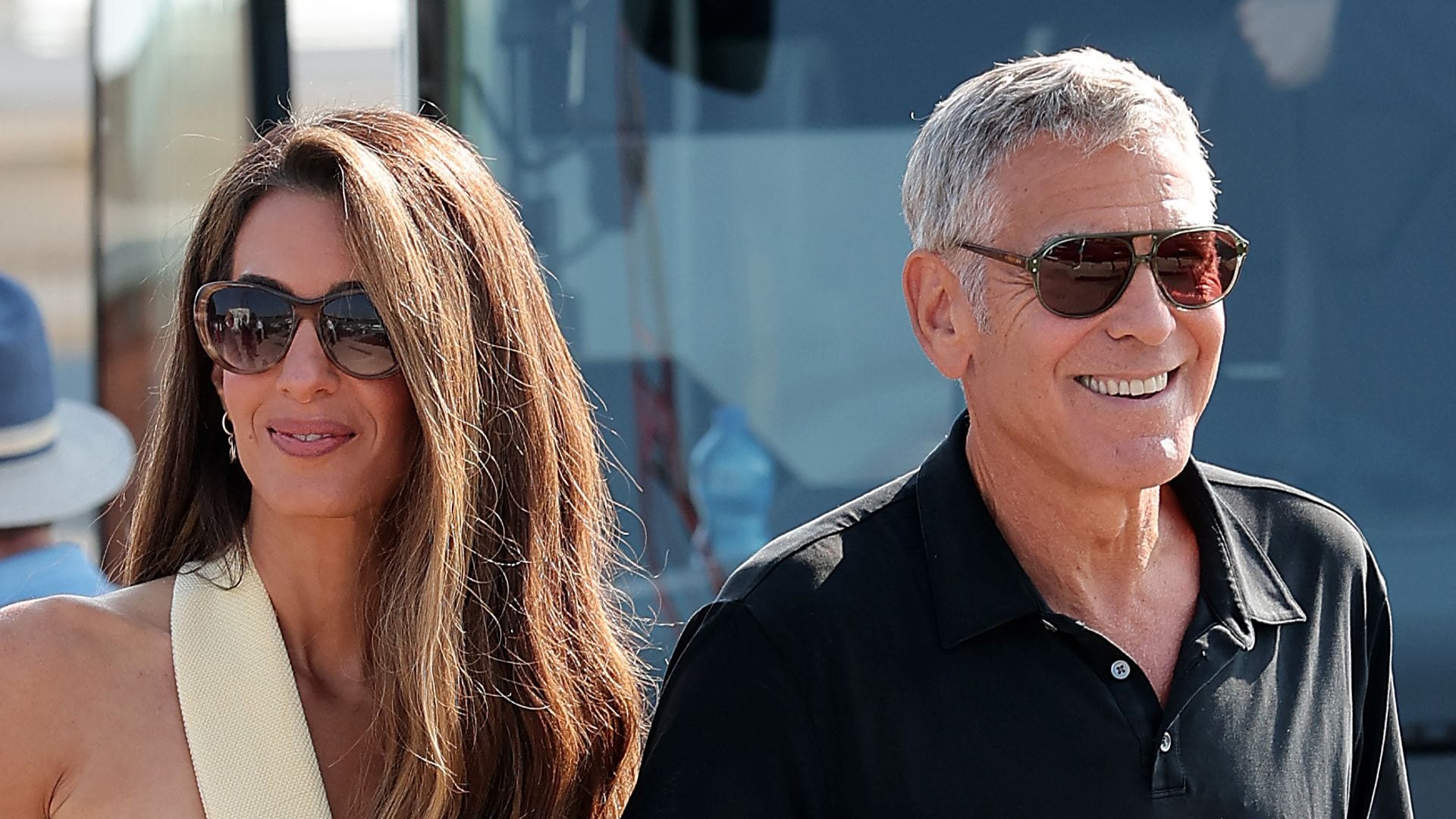  Amal Clooney and George Clooney are seen arriving into Venice ahead of the 82nd Venice International Film Festival 2025 on August 26, 2025 in Venice, Italy. 