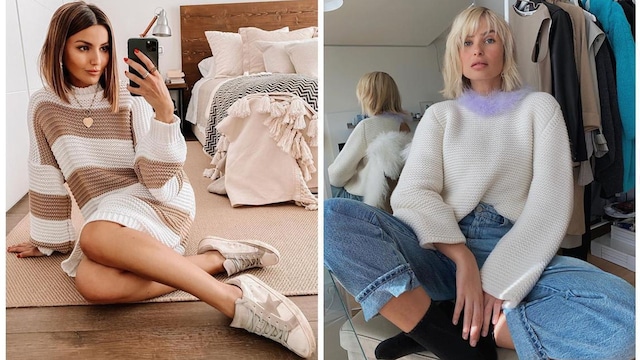 Alexandra Pereia with knitted dress and sneakers and Xenia Adonts with a sweater and loose-fitting jeans