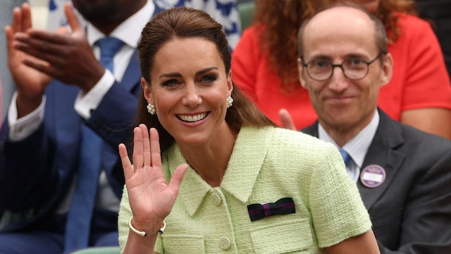 Britain's Catherine, Princess of Wales arrives on Centre Court for the women's singles final tennis match between Tunisia's Ons Jabeur and Czech Republic's Marketa Vondrousova on the thirteenth day of the 2023 Wimbledon Championships at The All England Lawn Tennis Club in Wimbledon, southwest London, on July 15, 2023. (Photo by Adrian DENNIS / AFP) / RESTRICTED TO EDITORIAL USE (Photo by ADRIAN DENNIS/AFP via Getty Images)