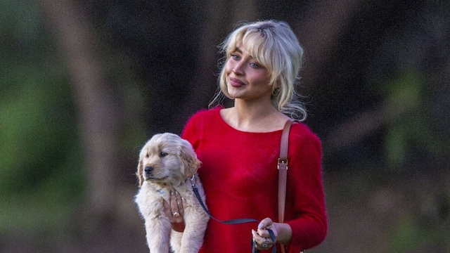  Sabrina Carpenter steps out in red minidress to play with her new puppy in LA