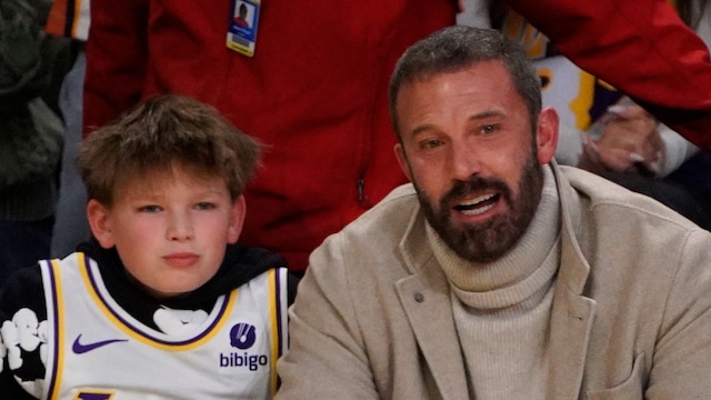Ben Affleck and Samuel Garner Affleck attend a basketball game between the Los Angeles Lakers and the Golden State Warriors at Crypto.com Arena on February 06, 2025 