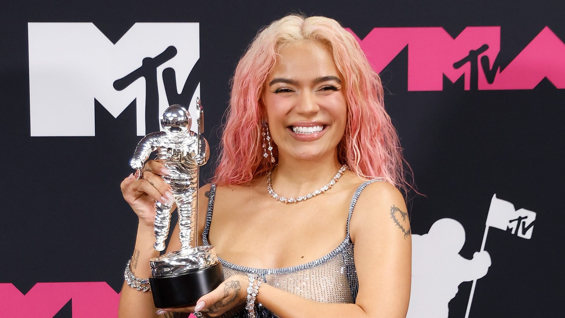 NEWARK, NEW JERSEY - SEPTEMBER 12: Karol G poses in the press room at the 2023 MTV Video Music Awards at Prudential Center on September 12, 2023 in Newark, New Jersey. (Photo by Taylor Hill/FilmMagic)