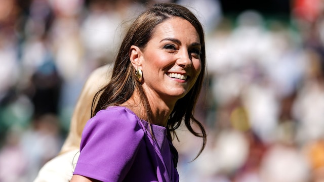 LONDON, ENGLAND - JULY 14: Catherine, Princess of Wales waves to fans during day fourteen of The Championships Wimbledon 2024 at All England Lawn Tennis and Croquet Club on July 14, 2024 in London, England. (Photo by Shi Tang/Getty Images)
