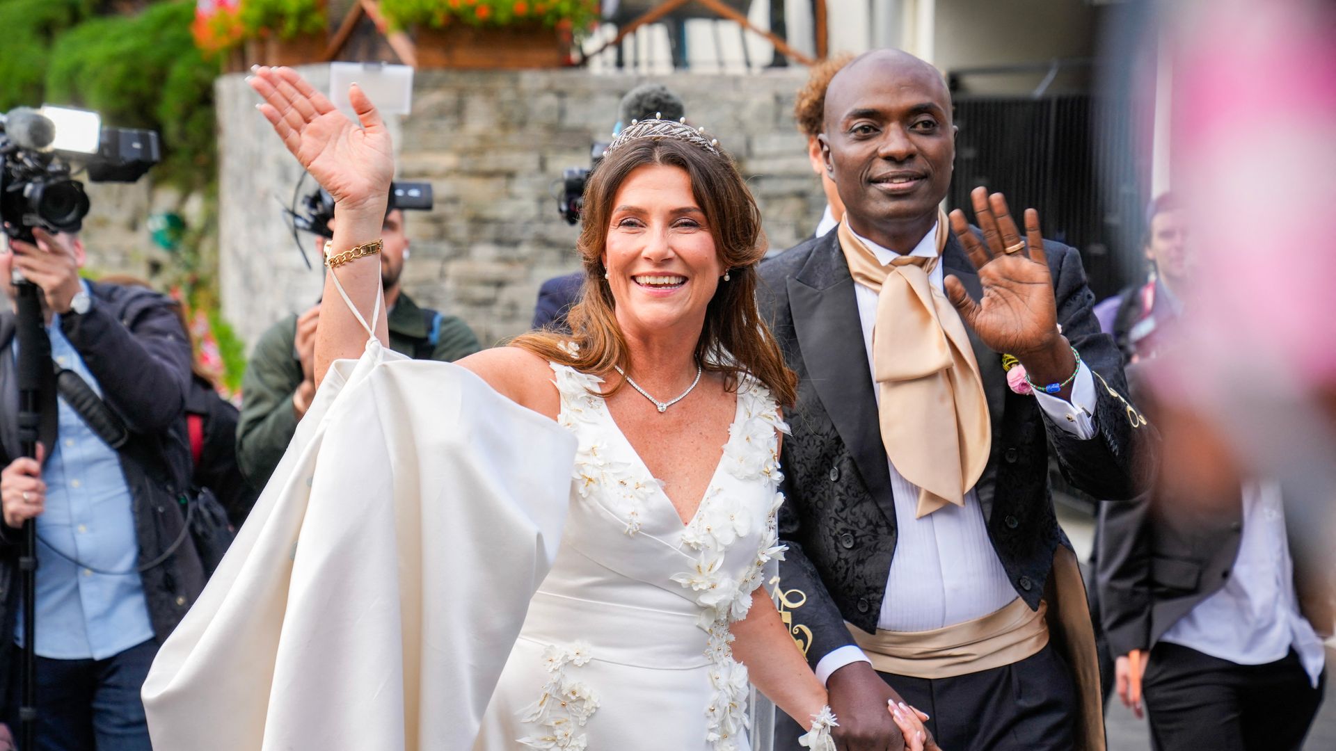 Princess Martha Louise of Norway and Durek Verrett arrive at their wedding party at Hotel Unio in Geiranger on August 31, 2024. 