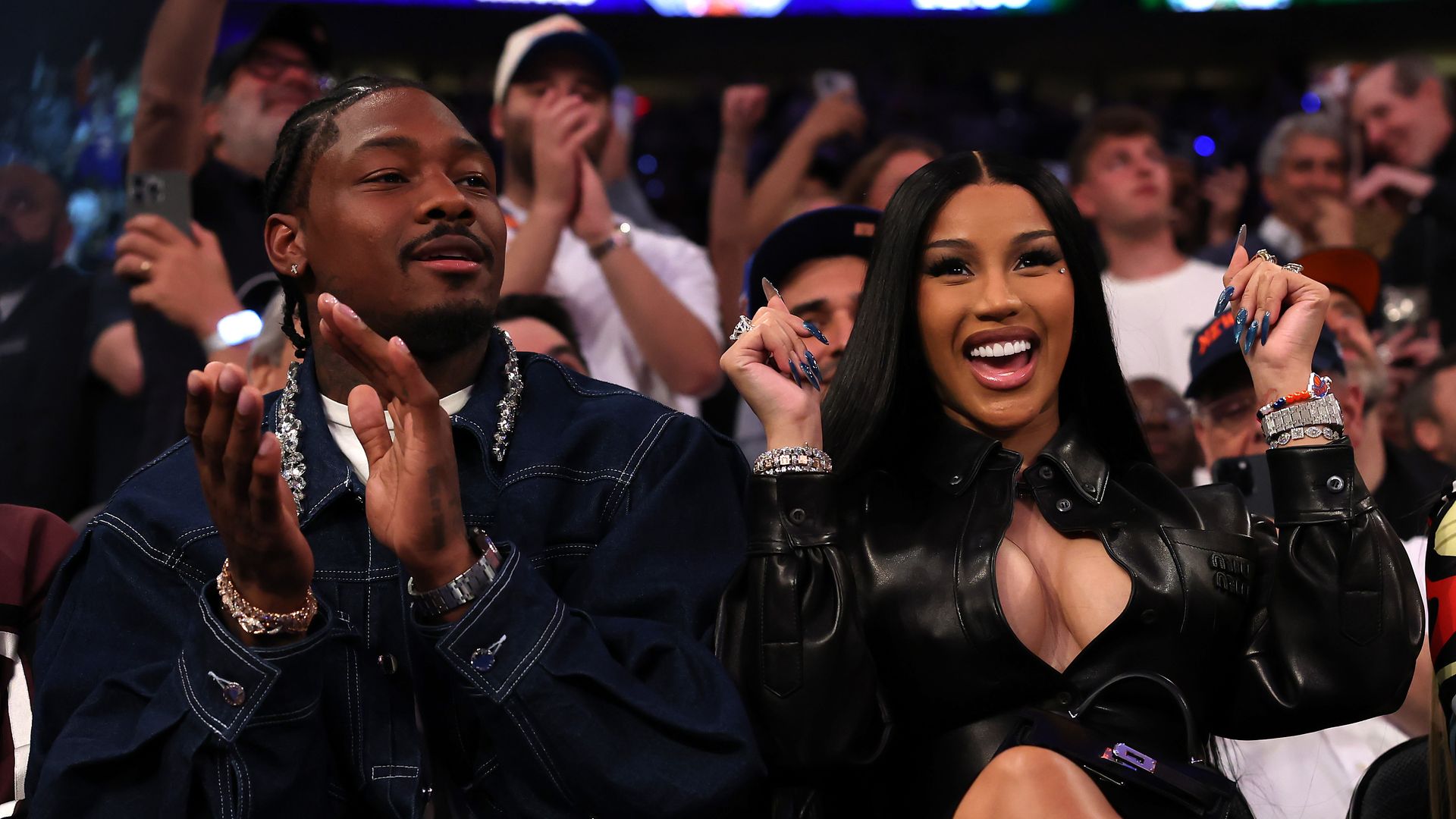  NFL Player Stefon Diggs and rapper Cardi B sits court-side during the first quarter in Game Four of the Eastern Conference Second Round NBA Playoffs between the Boston Celtics and the New York Knicks at Madison Square Garden on May 12, 2025 in New York City. NOTE TO USER: User expressly acknowledges and agrees that, by downloading and or using this photograph, User is consenting to the terms and conditions of the Getty Images License Agreement. (Photo by Elsa/Getty Images)