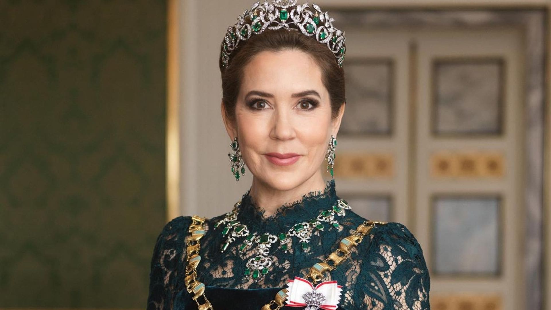 Queen Mary dazzles in emerald crown jewels for the first time in new gala portraits