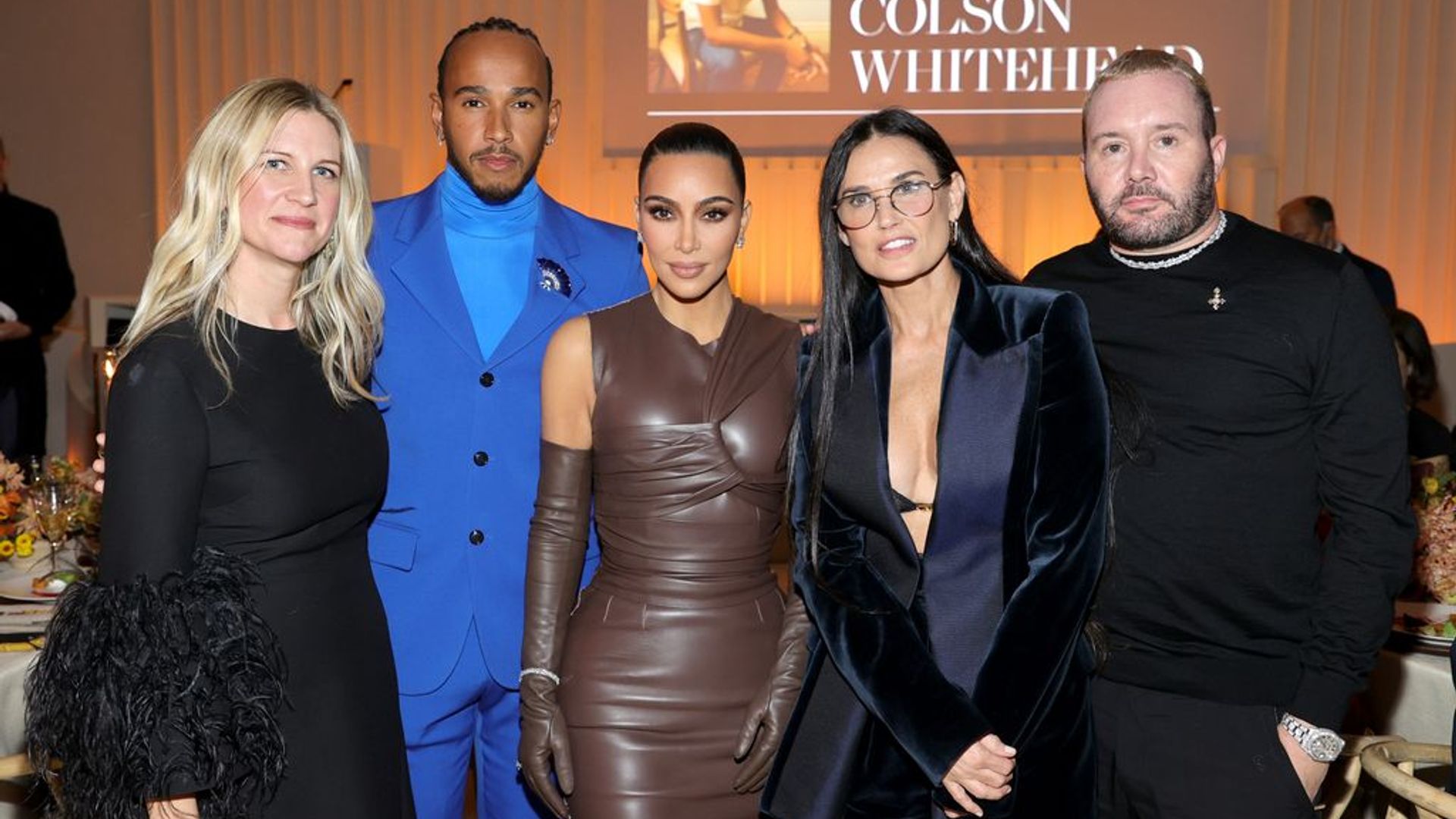 From left to right: Lewis Hamilton, Nicole Scherzinger, Kim Kardashian and Kanye West at the GQ Men of the Year Awards, in London at The Royal Opera House, in September 2014.
