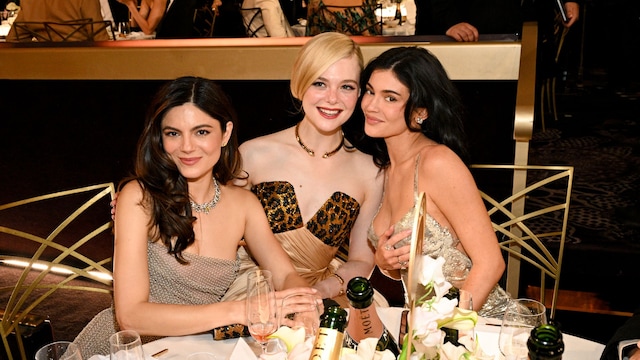 Monica Barbaro with Elle Fanning and Kylie Jenner at the Golden Globes