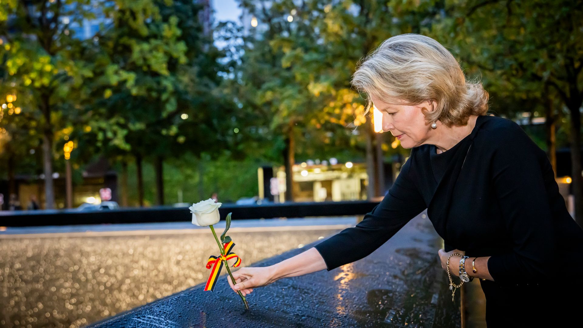Queen Mathilde of Belgium laid a flower at the 9/11 Memorial