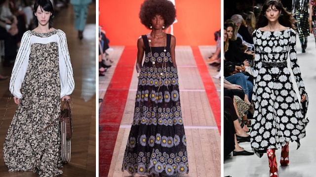 Daisy print dresses by Stella McCartney, Elie Saab, and Paco Rabanne