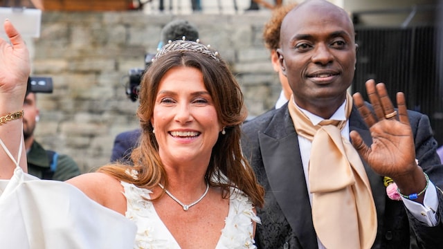 Princess Martha Louise of Norway and Durek Verrett arrive at their wedding party at Hotel Unio in Geiranger on August 31, 2024. Princess Martha Louise, the eldest child of King Harald will tie the knot on Saturday with American self-proclaimed shaman Durek Verrett. (Photo by Heiko Junge / NTB / AFP) / Norway OUT (Photo by HEIKO JUNGE/NTB/AFP via Getty Images)