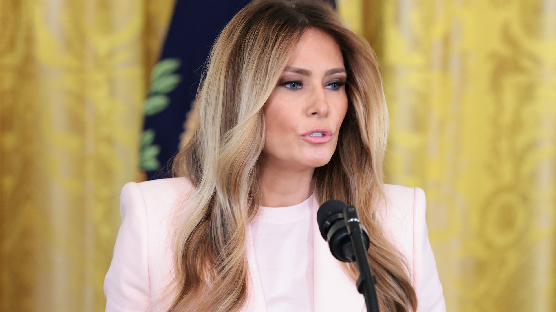 Melania Trump wears belted pink blazer look as she delivers emotional remarks at military mothers event