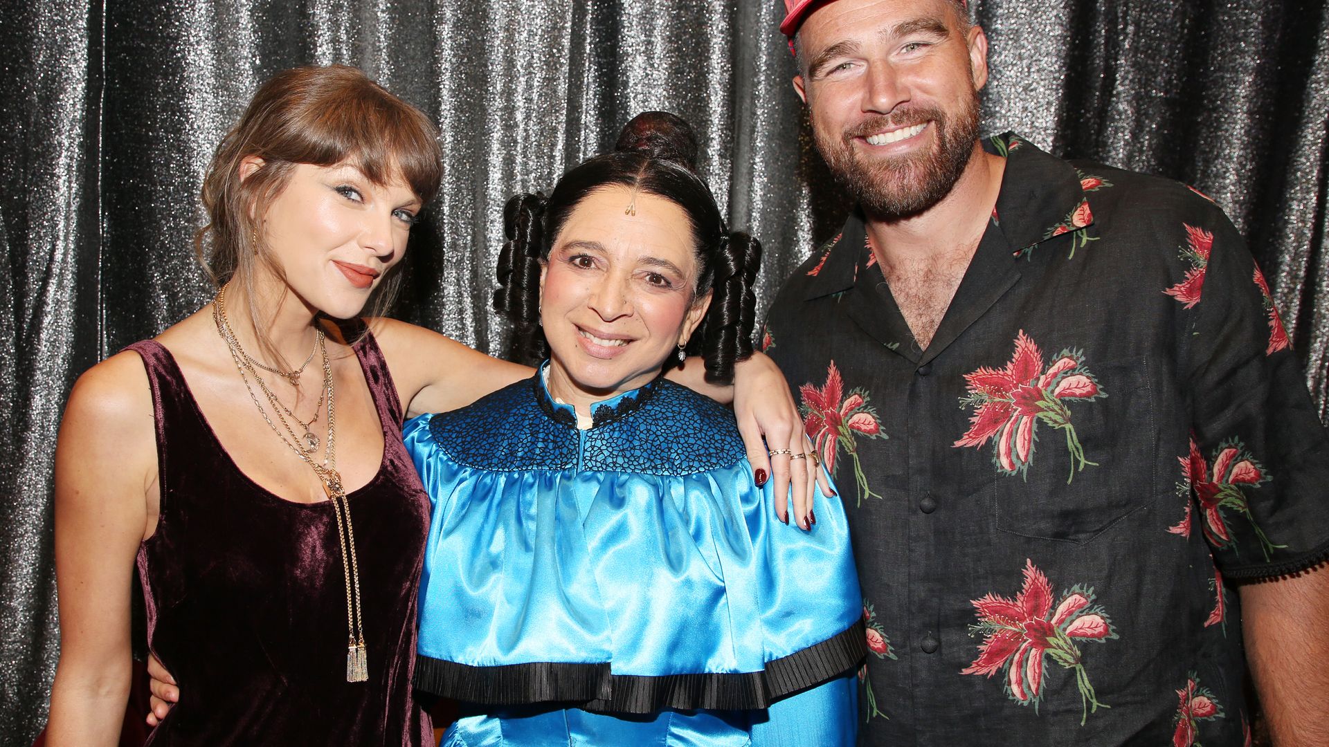 Taylor Swift, Maya Rudolph as "Mary Todd Lincoln" and Travis Kelce pose backstage at the hit comedy "Oh, Mary!" on Broadway