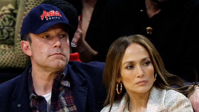 Jennifer Lopez, Ben Affleck and his son Samuel Garner Affleck attend a basketball game between the Los Angeles Lakers and Golden State Warriors at Crypto.com Arena on March 16, 2024 in Los Angeles, California.
