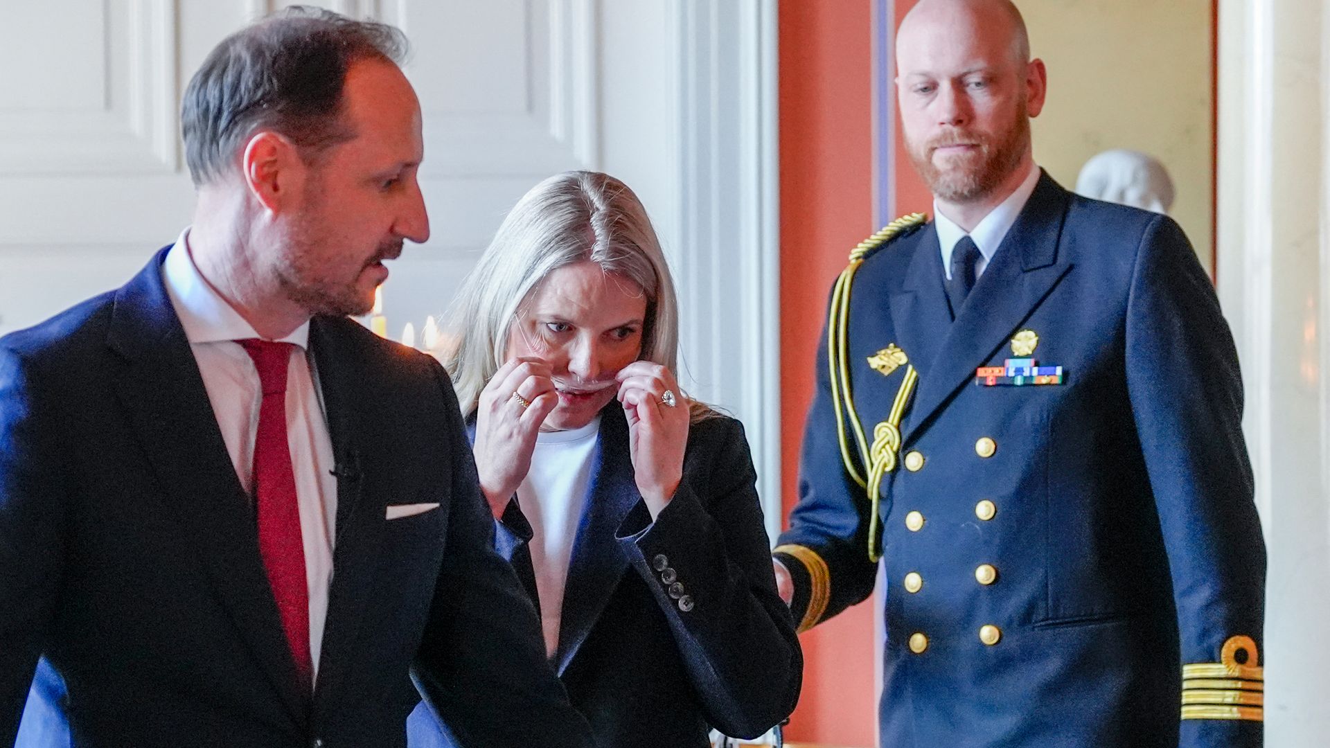 Crown Prince Haakon of Norway (L) and Crown Princess Mette-Marit of Norway attend a reception for the Norwegian athletes from the Paralympics in Milano Cortina 2026 at the Palace on April 10, 2026