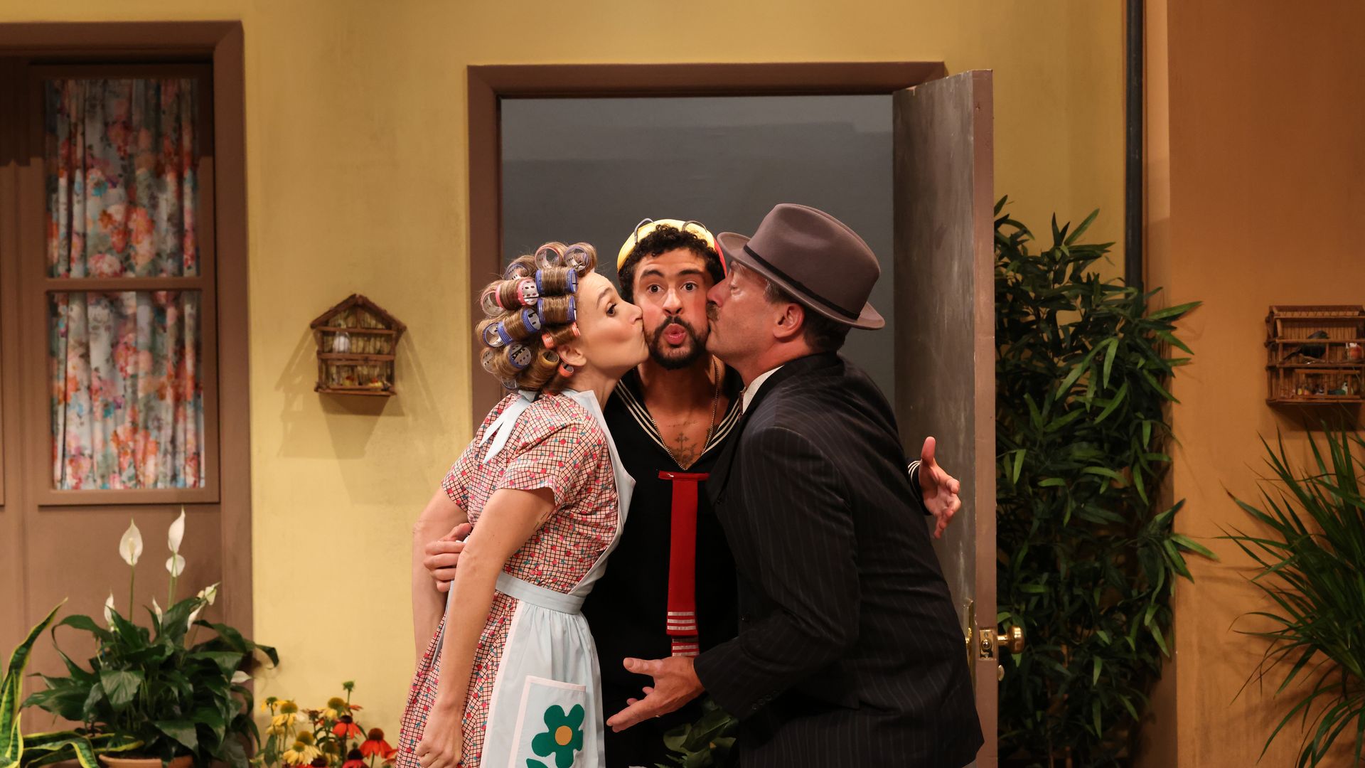 Chloe Fineman, host Bad Bunny, and special guest Jon Hamm during the "El Chavo Del Ocho" sketch.