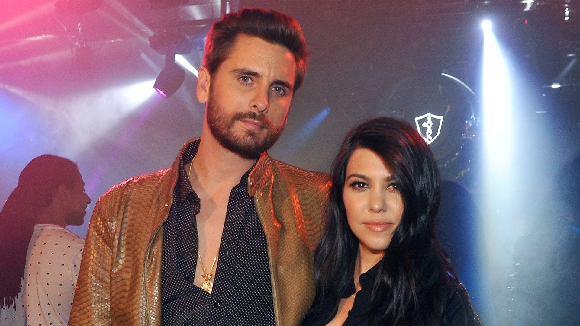   Television personalities Scott Disick (L) and Kourtney Kardashian appear at 1 OAK Nightclub at The Mirage Hotel & Casino on February 21, 2015 in Las Vegas, Nevada.  (Photo by David Becker/WireImage)