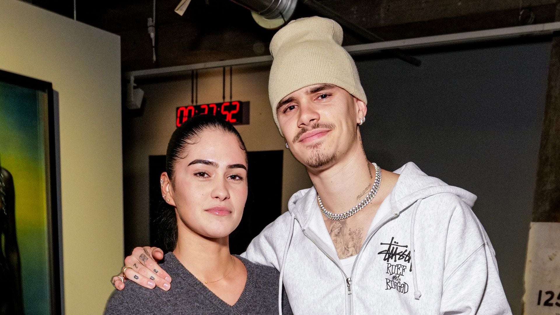 Kim Turnbull and Romeo Beckham attend the Gabriel Moses: Selah Opening Reception at 180 Studios on March 27, 2025