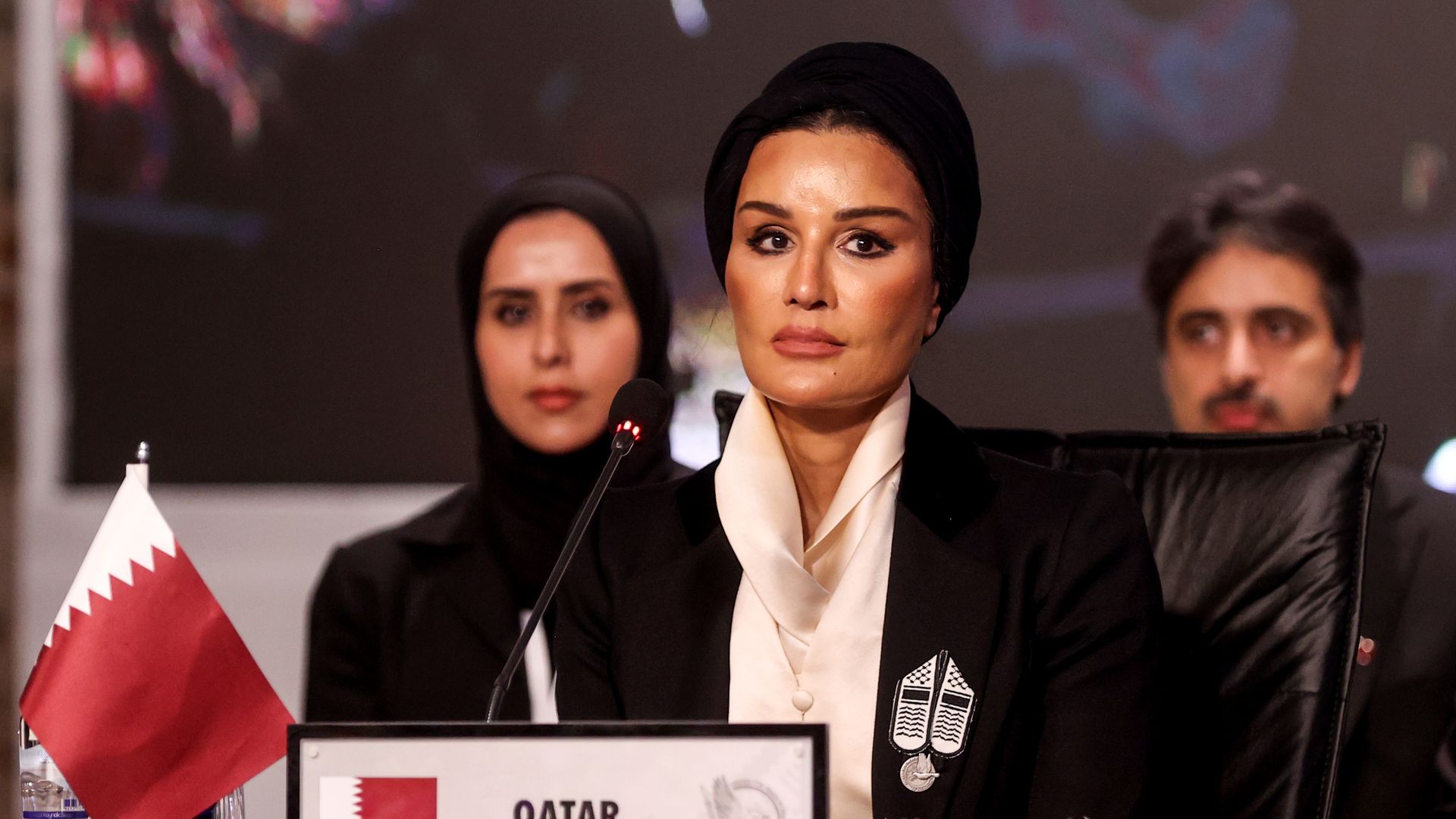 Qatari Emir Sheikh Tamim bin Hamad Al-Thani's mother Sheikha Moza Bint Nasser speaks during the United For Peace in Palestine Summit at Dolmabahce Office