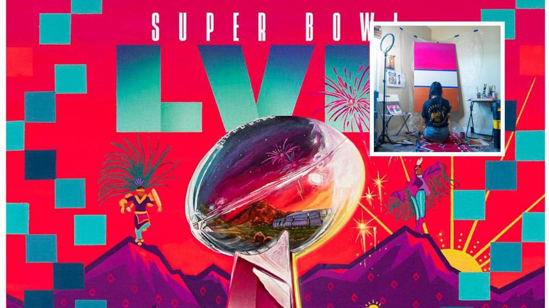 Super Bowl LVII tickets, artwork, and mural designed by Chicana and Native American artist Lucinda Hinojos