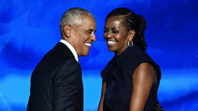 Former US President Barack Obama arrives onstage after his wife and former First Lady Michelle Obama introduced him on the second day of the Democratic National Convention (DNC) at the United Center in Chicago, Illinois, on August 20, 2024. Vice President Kamala Harris will formally accept the party's nomination for president at the DNC which runs from August 19-22 in Chicago