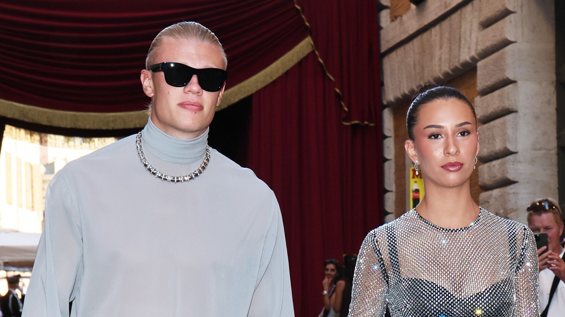 ROME, ITALY - JULY 15: Erling Haaland and Isabel Haugseng Johansen are seen outside the Dolce & Gabbana Alta Sartoria fashion show at Castel Sant'Angelo on July 15, 2025 in Rome, Italy. (Photo by Ernesto Ruscio/GC Images)